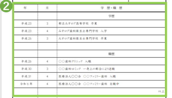 みすログ「履歴書」参考画像
学歴・職歴